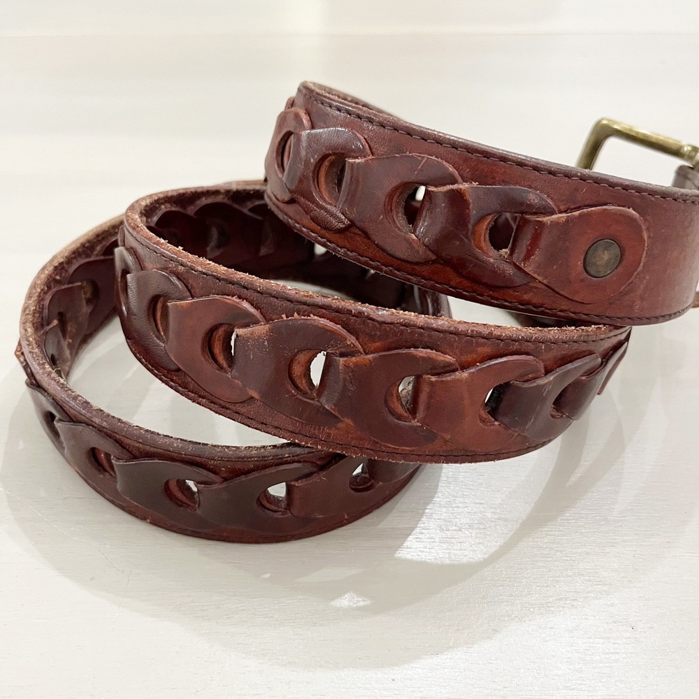 Men's Belt Genuine Leather Mexico Brown Braided Loop Chain Buckle Size 40 - Picture 2 of 10